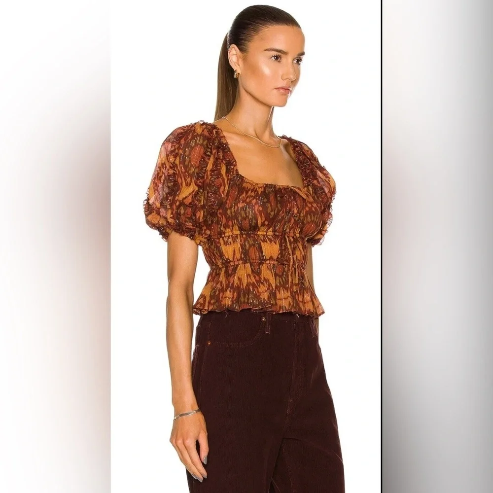NWT Ulla Johnson Medha Top in Ember Peplum Puff Sleeves Ruffle Metallic